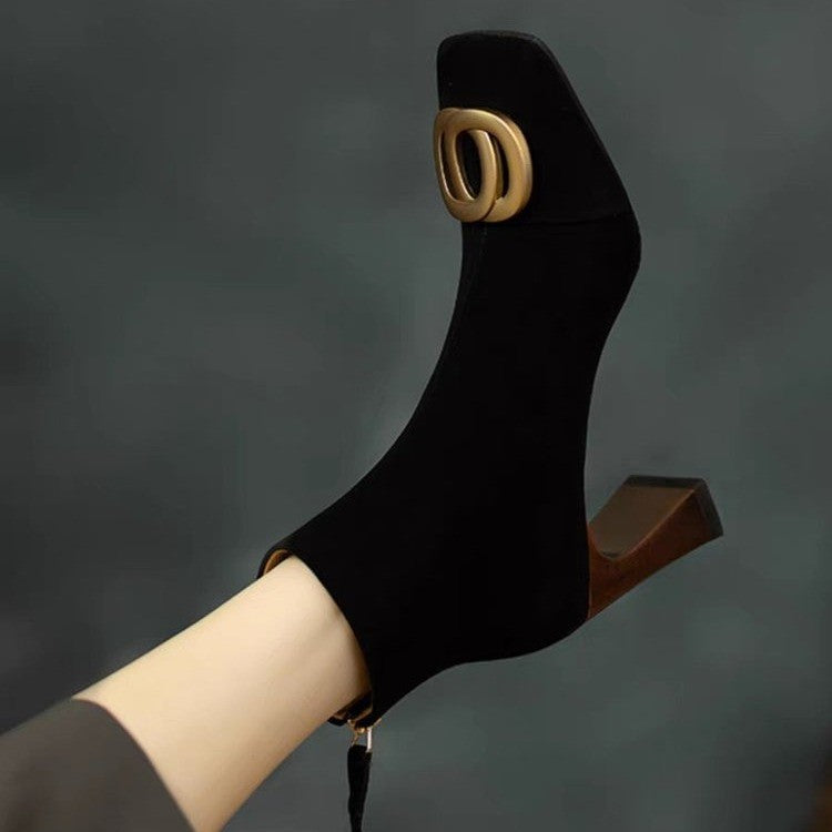 Women's Retro Chunky Heel Short Boots – Square Toe, Metal Buckle & Side Zipper | Suede Upper