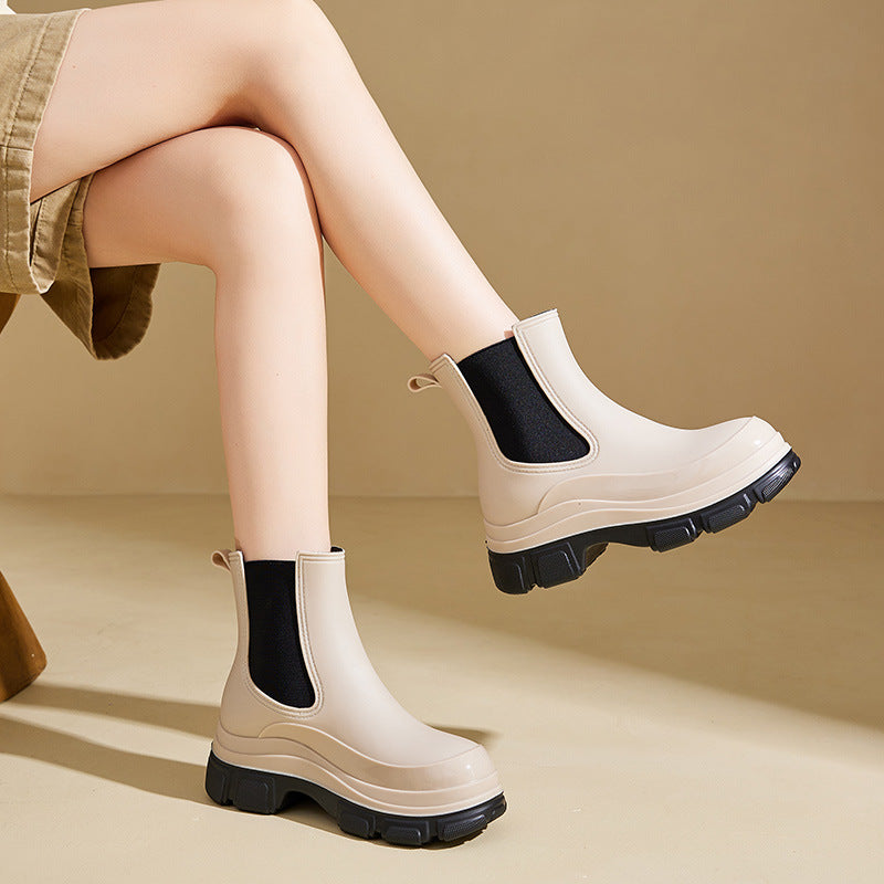 Women's Waterproof Martin Rain Boots | Thick Sole Mid-Calf PVC Boots | Black & Khaki
