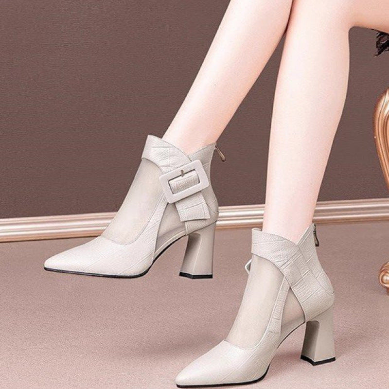 Women's British Style Chunky Heel Cutout Ankle Boots | Pointed Toe Back Zipper