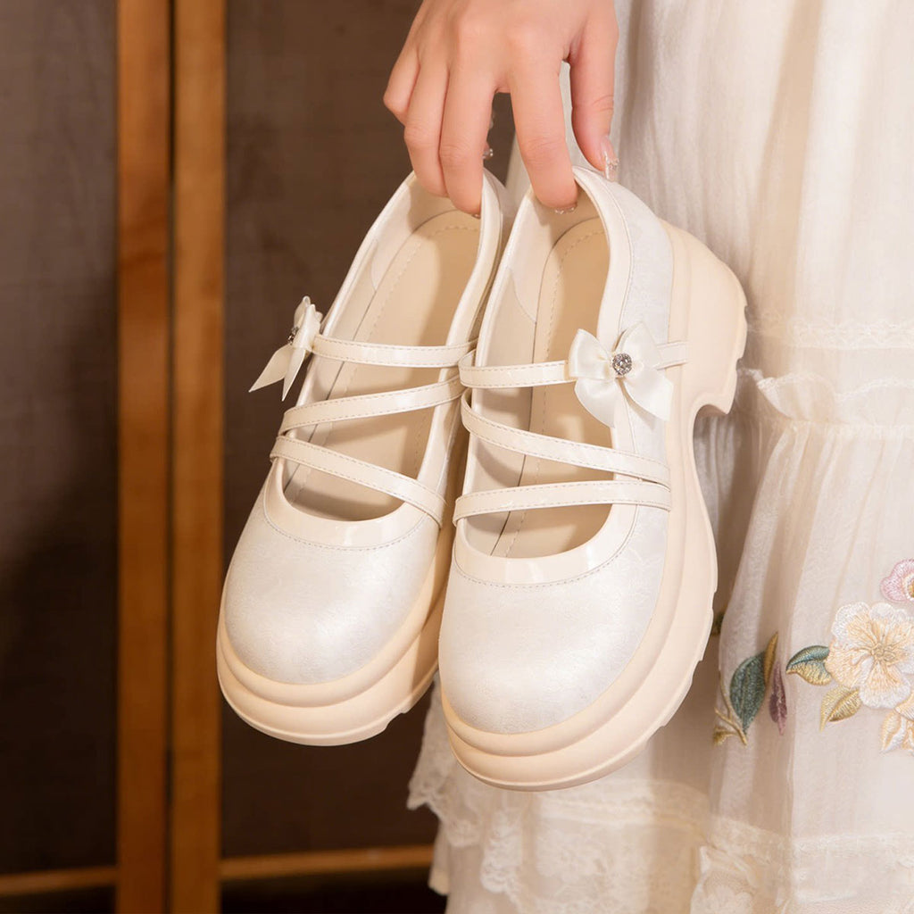 Women's Bow Platform Mary Jane Shoes | Chunky Sole Satin Pumps