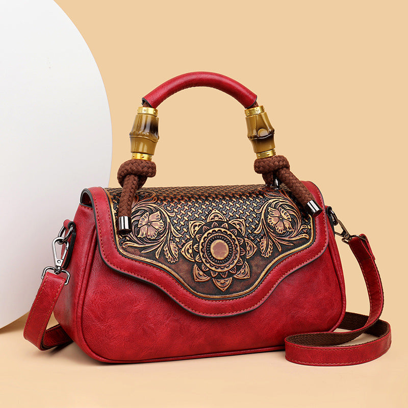 Handcrafted Leather-Embossed Retro Crossbody Bag - Floral Design Women's Shoulder Bag