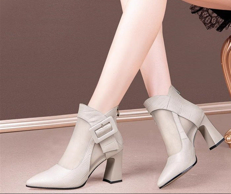Women's British Style Chunky Heel Cutout Ankle Boots | Pointed Toe Back Zipper