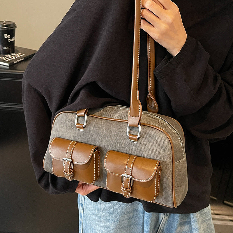 Retro Color-Block Boston Handbag | Chic PU Leather Crossbody Bag for Women | Sarah Express