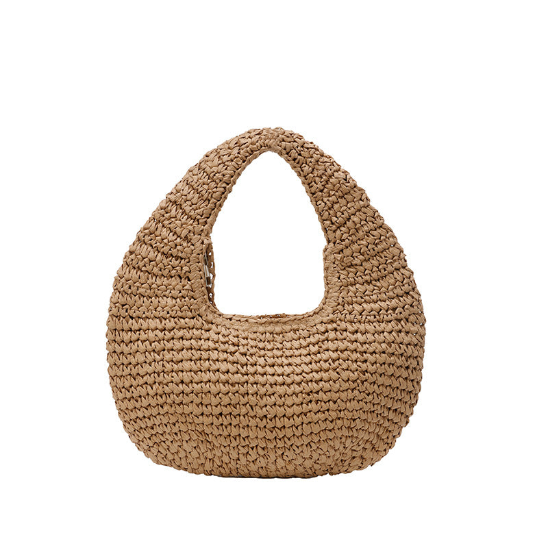 Straw Beach Tote Bag - Crescent Shape Summer Handbag for Women