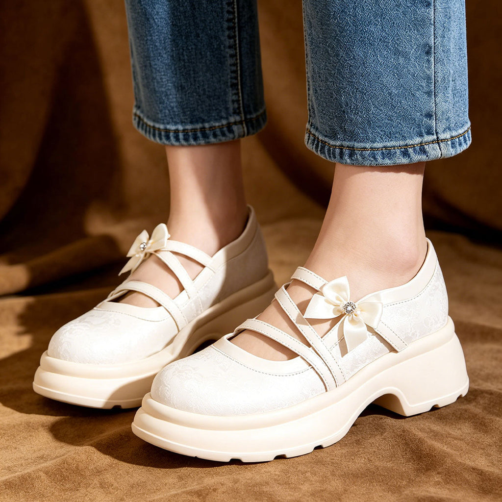 Women's Bow Platform Mary Jane Shoes | Chunky Sole Satin Pumps