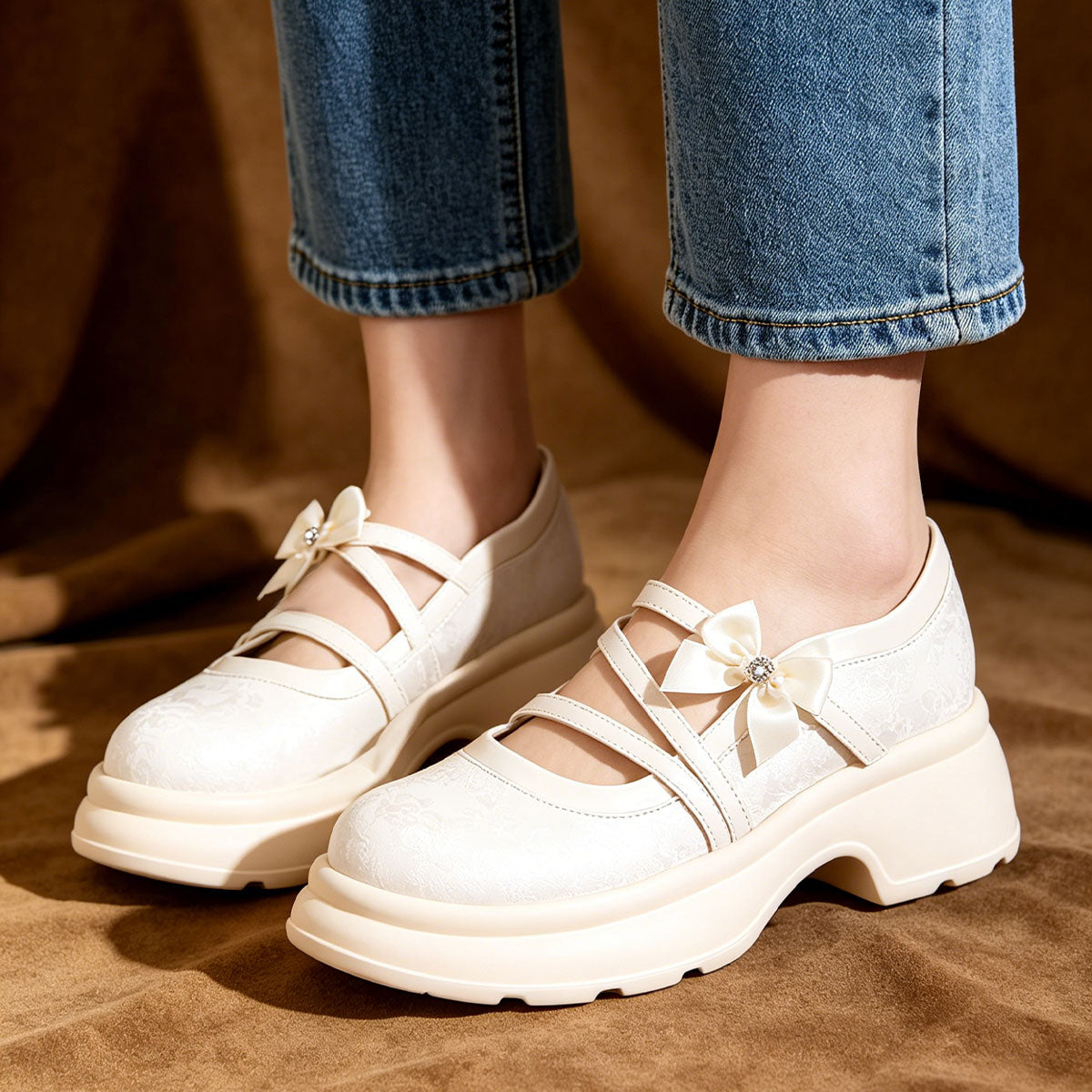 Women's Bow Platform Mary Jane Shoes | Chunky Sole Satin Pumps