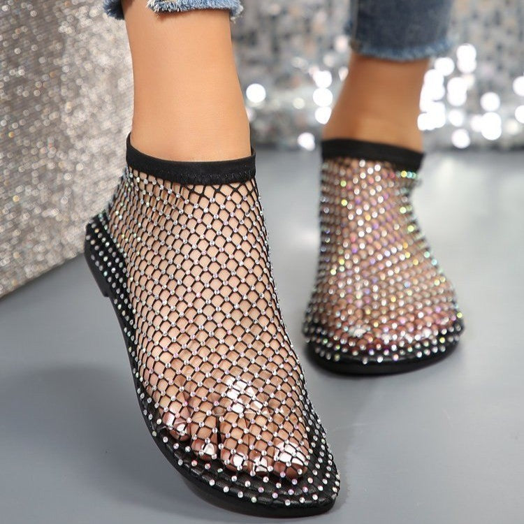 Women's Rhinestone Flat Sandals | Round Toe Mesh Summer Shoes