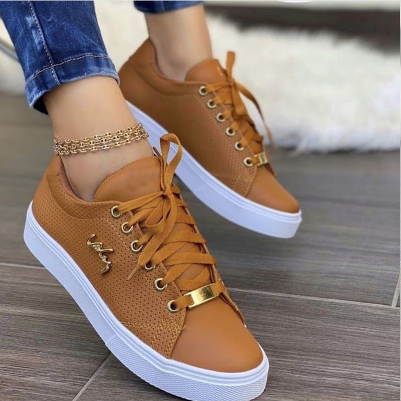 Women's Breathable Lace-Up Flat Sneakers | Patent PU Round-Toe Shoes