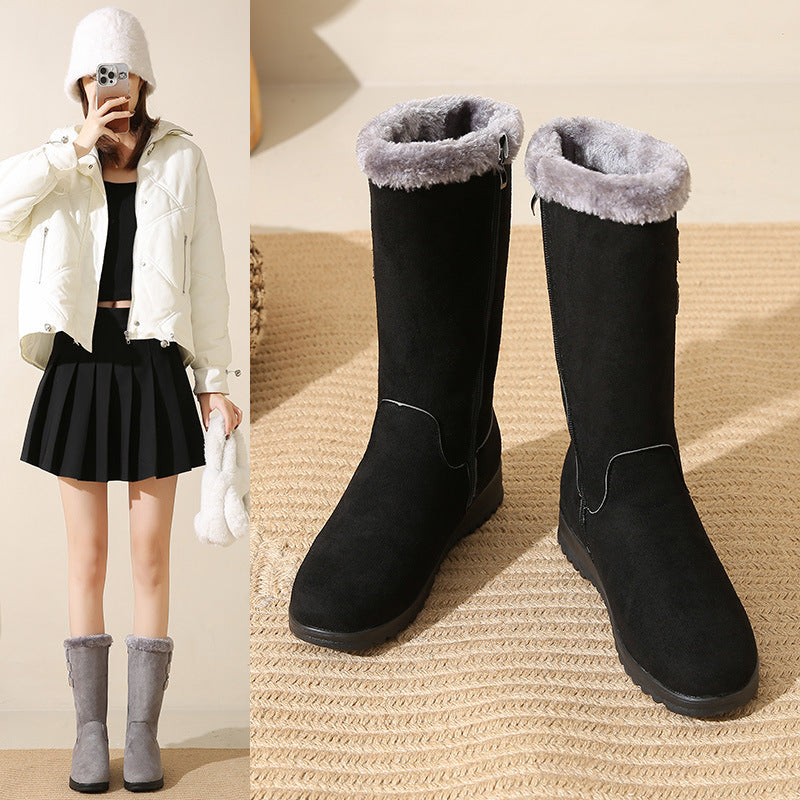 Women's Mid-Calf Fleece-Lined Suede Snow Boots | Warm Winter Boots with Side Zipper
