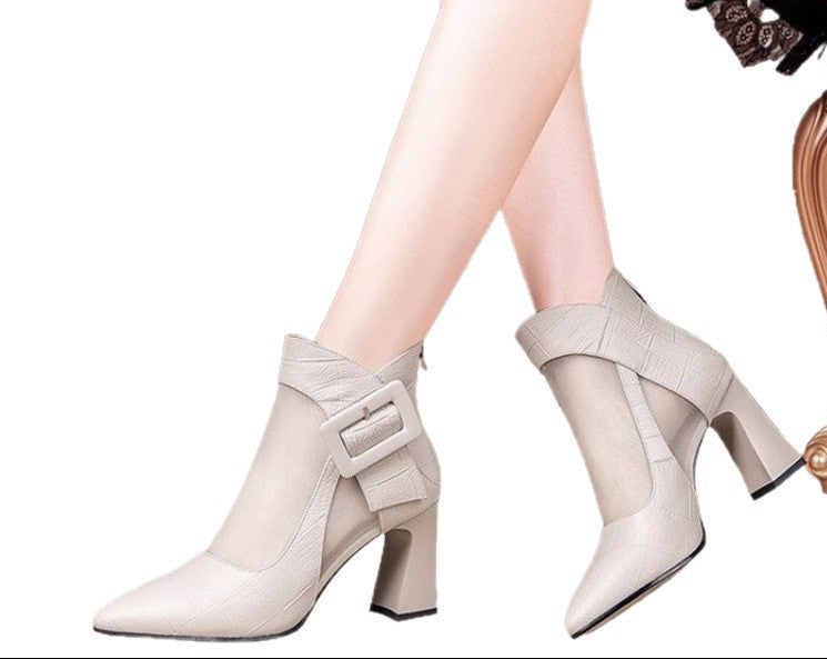 Women's British Style Chunky Heel Cutout Ankle Boots | Pointed Toe Back Zipper