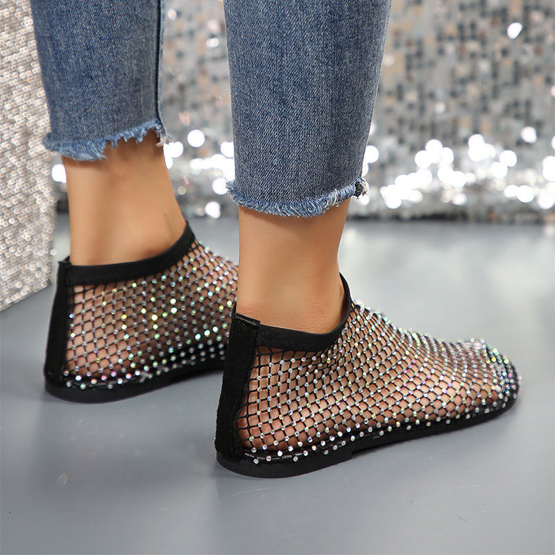 Women's Rhinestone Flat Sandals | Round Toe Mesh Summer Shoes