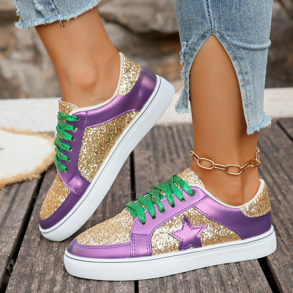 Women's Sequin Lace-Up Sneakers - Purple Gold Chunky Sole Platform Shoes