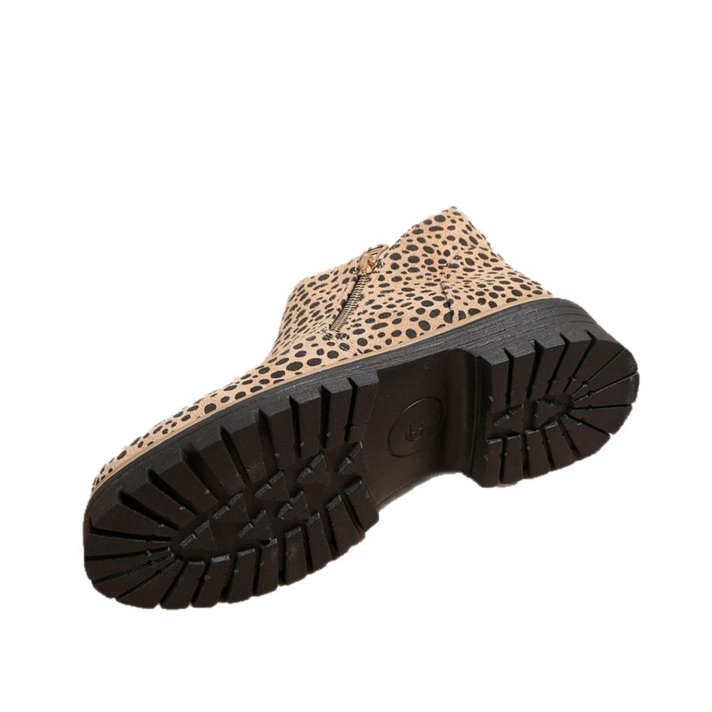 Women's Leopard Print Pointed Toe Ankle Boots - Chunky Low Heel Fashion Boots with Front Zipper