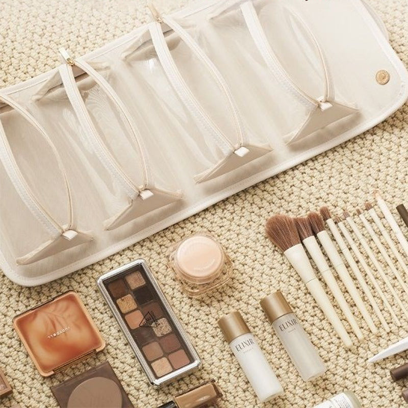 Women's Foldable Travel Cosmetic Bag – Large Capacity Waterproof PU Leather Makeup Organizer with Handle | Beige & Brown