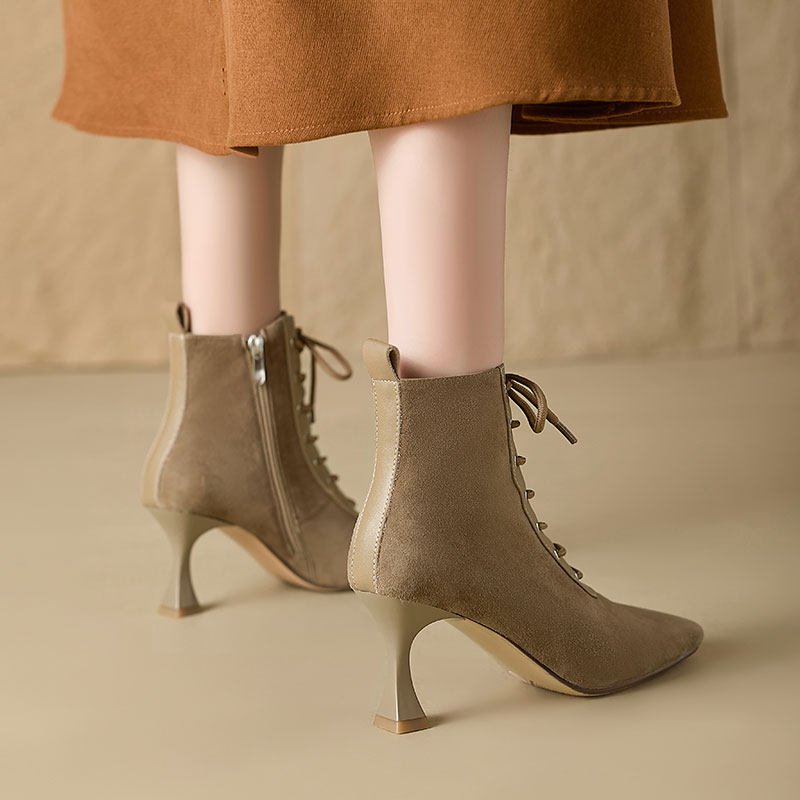 Retro Square-Toe Short Boots Women's Stiletto Heel PU Leather – Brown & Apricot