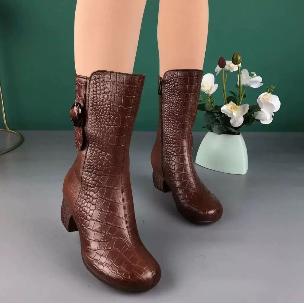 Women's Velvet-Lined Mid-Calf Fashion Boots | Chunky Heel Side Zipper | Fall Winter