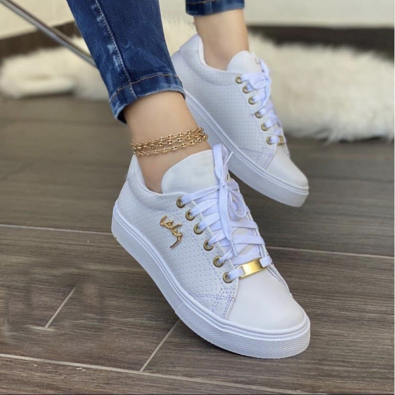 Women's Breathable Lace-Up Flat Sneakers | Patent PU Round-Toe Shoes