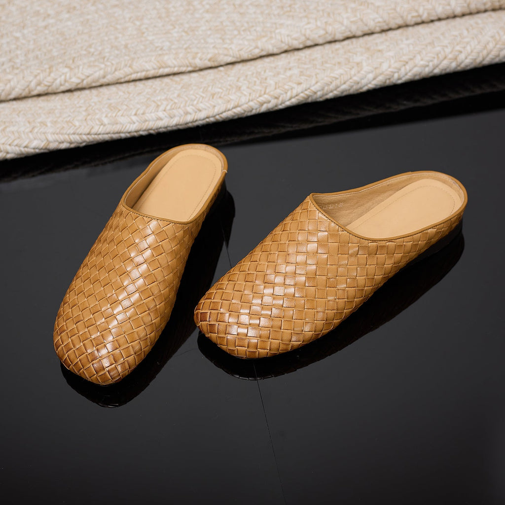 Women's Handwoven Cowhide Mules | Square Toe Slip-On Leather Slides