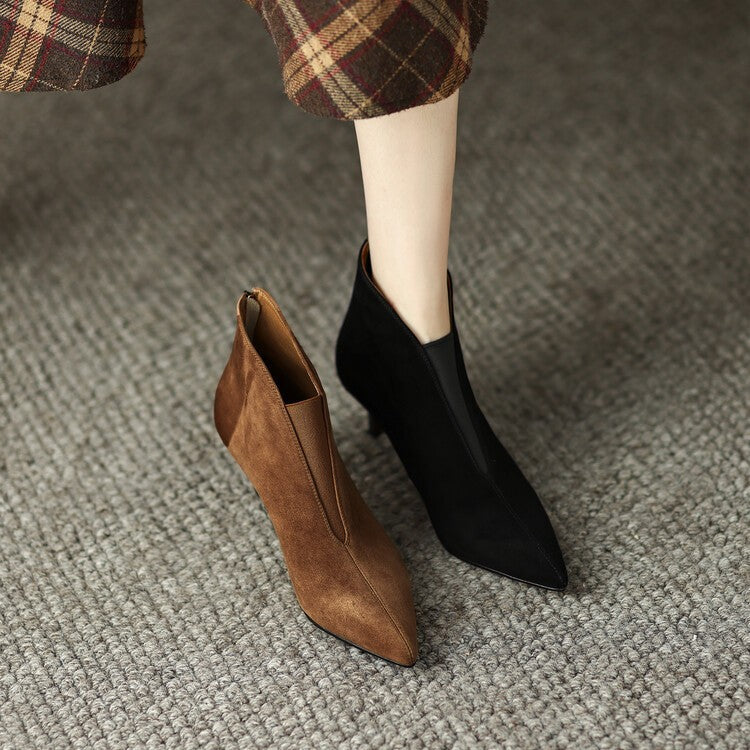 Women's Stiletto Heel Elastic Ankle Boots - Round Toe Back Zipper Suede Boots