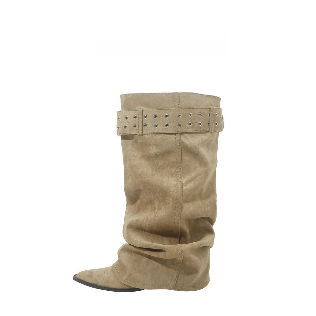 Women's Knee-High Western Boots | Pointed Toe Stiletto Heel | Buckle Detail | Khaki & Black