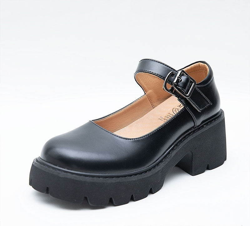 Women's Retro Japanese-Style Buckle Strap Chunky Heel Leather Shoes | Low-Cut Round Toe Pumps