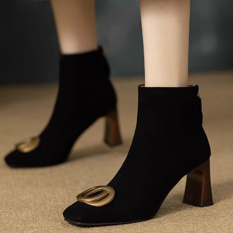 Women's Retro Chunky Heel Short Boots – Square Toe, Metal Buckle & Side Zipper | Suede Upper