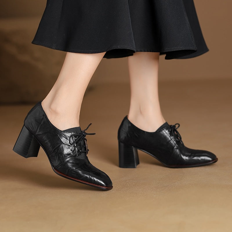 Women's British-Style Square Toe Chunky Heel Pumps | Deep Vamp | Wool Leather Upper