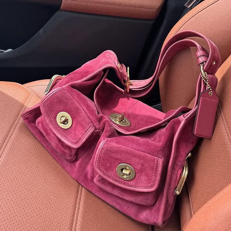 Retro Minimalist Women's Shoulder Bag with Multiple Pockets - Suede Commuter Handbag