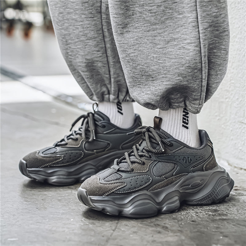 Men's Chunky Soled Dad Sneakers | Mesh Upper Lace-Up Athletic Shoes | Beige Black Gray