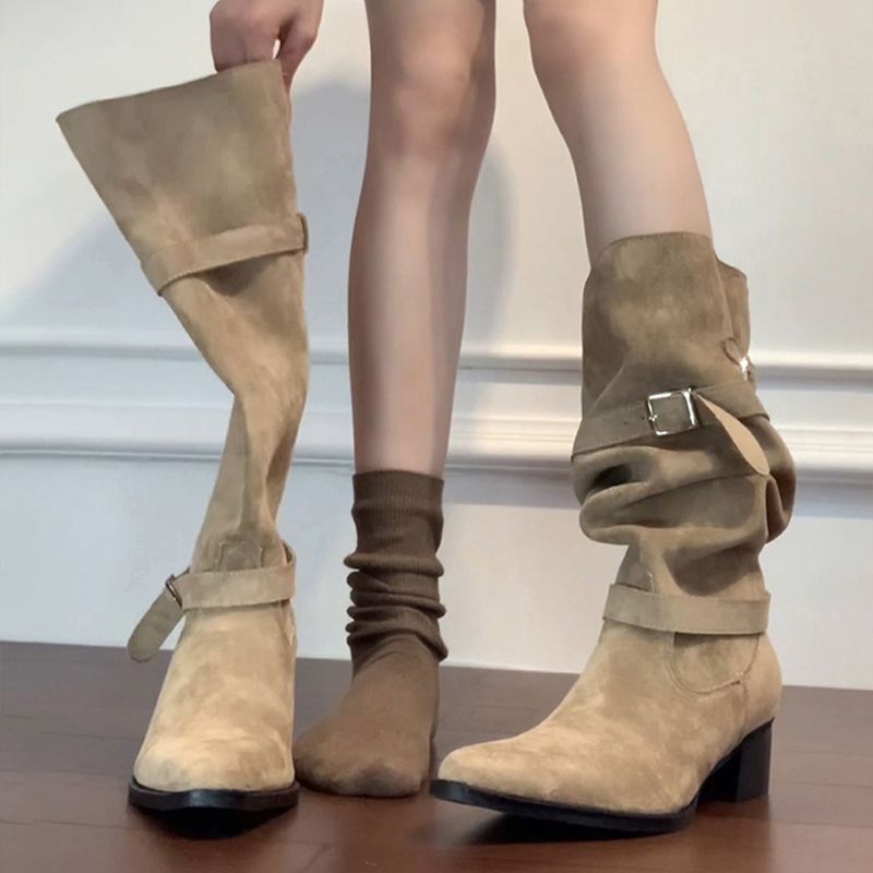 Women's Khaki Suede Pointed-Toe Chunky Heel Boots - Side Zipper High-Top Ankle Boots