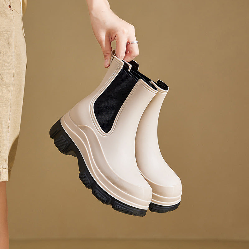 Women's Waterproof Martin Rain Boots | Thick Sole Mid-Calf PVC Boots | Black & Khaki