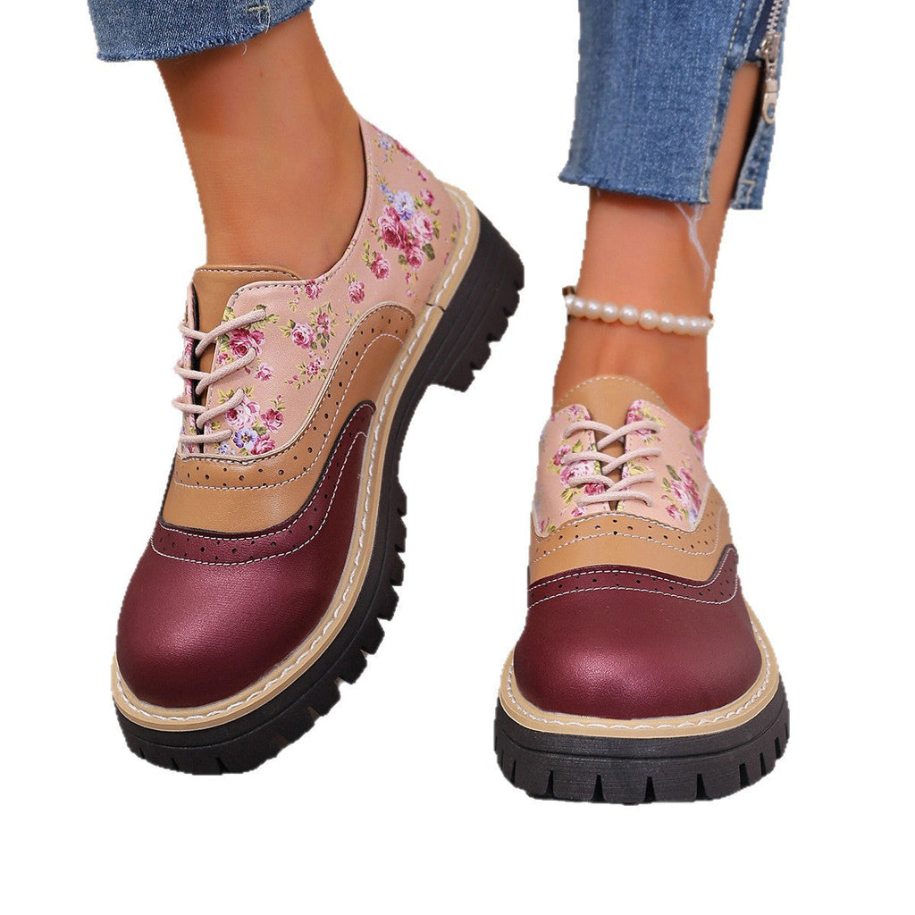Women's Chunky Heel Lace-Up Casual Fashion Shoes | Black & Beige