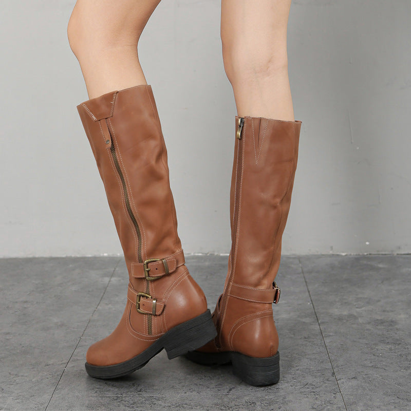 Women's Plus-Size Chunky Sole Boots | Side Zipper Cowhide Leather High Shaft