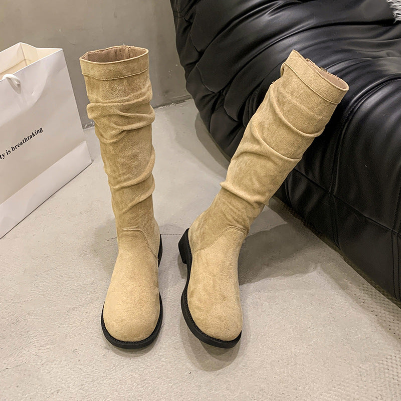 Women's Slim-Fit High-Top Chunky Heel Boots | Suede Buckle Slip-On | Fall Winter