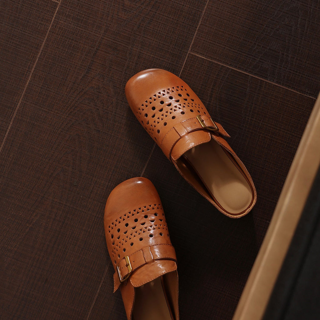 Women's Perforated Cowhide Buckle Mules | Round Toe Flat Backless Slides
