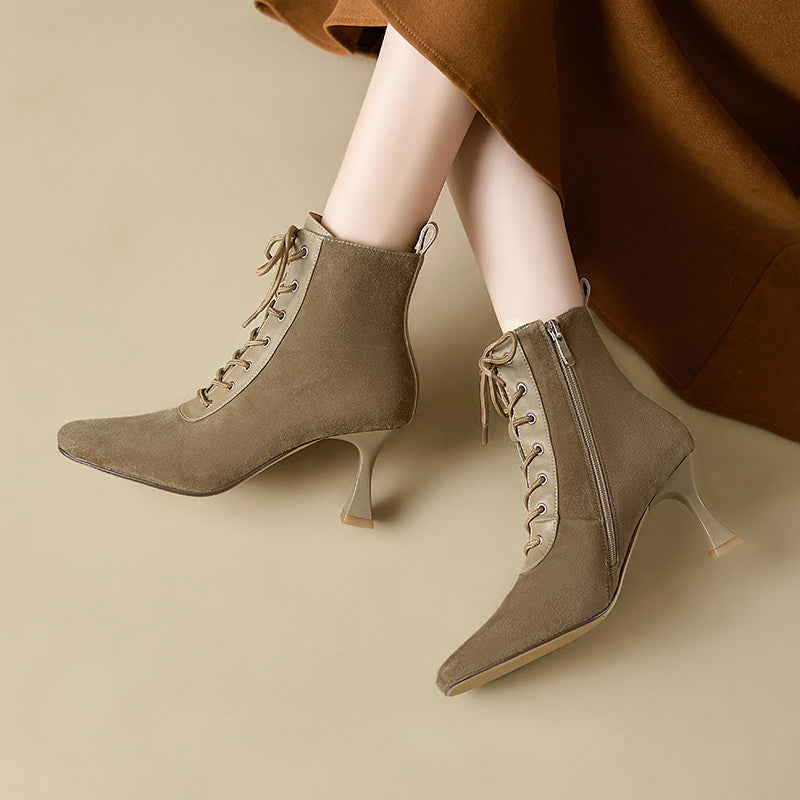 Retro Square-Toe Short Boots Women's Stiletto Heel PU Leather – Brown & Apricot