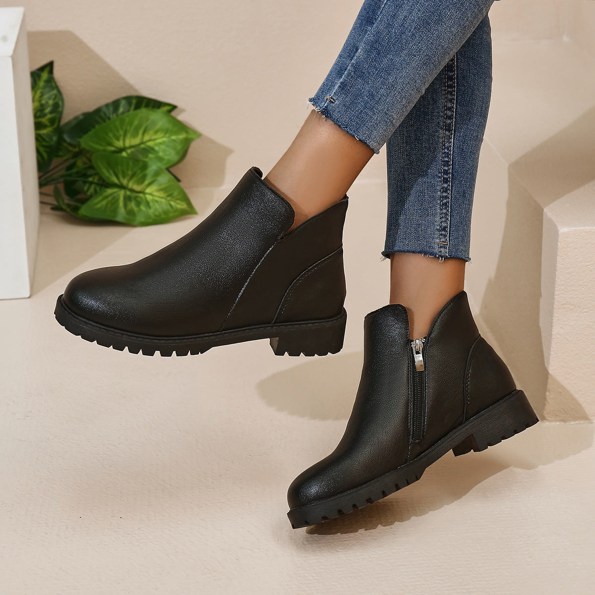 Women's Casual British-Style Low-Cut Ankle Boots – Chunky Heel Side Zipper