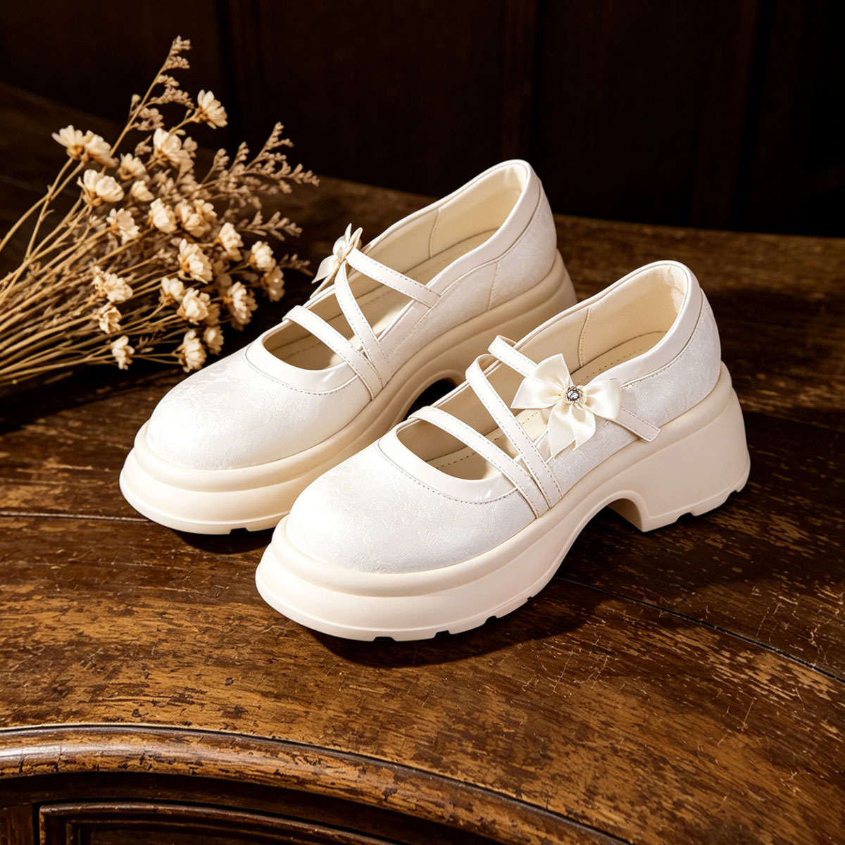 Women's Bow Platform Mary Jane Shoes | Chunky Sole Satin Pumps