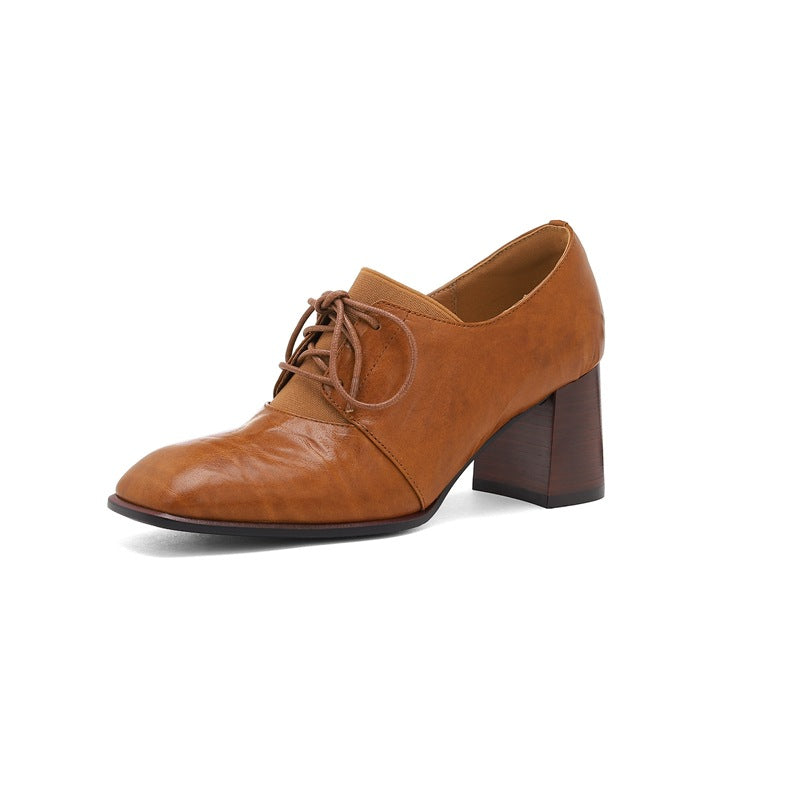 Women's British-Style Square Toe Chunky Heel Pumps | Deep Vamp | Wool Leather Upper