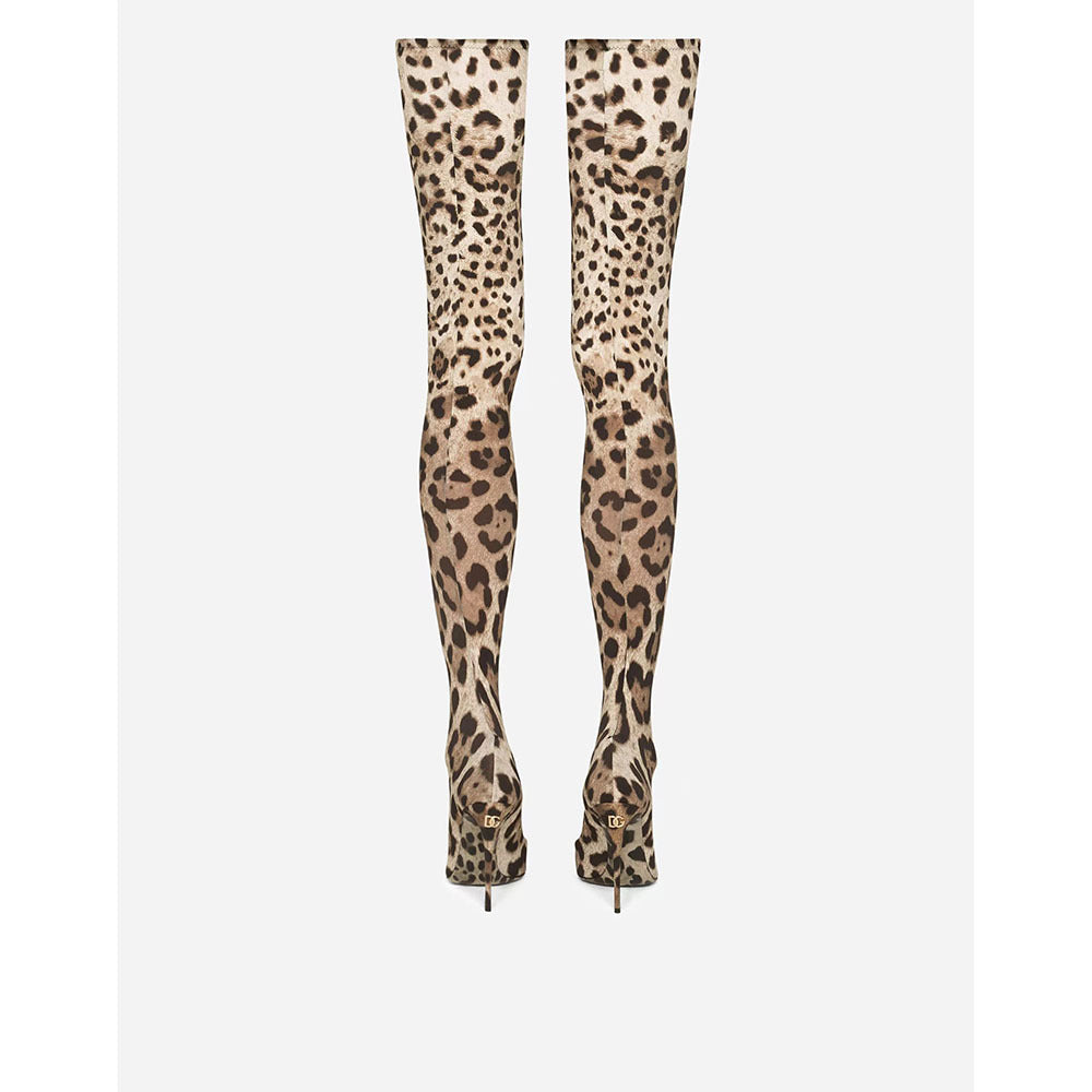 Women's Leopard Print Knee-High Stretch Boots – Pointed Toe High Heel, Ultra-Long Satin Upper
