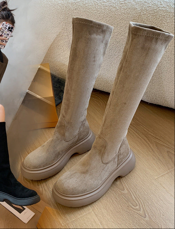 Women's Chunky Sole Suede Boots | Round Toe Slip-On Winter Boots