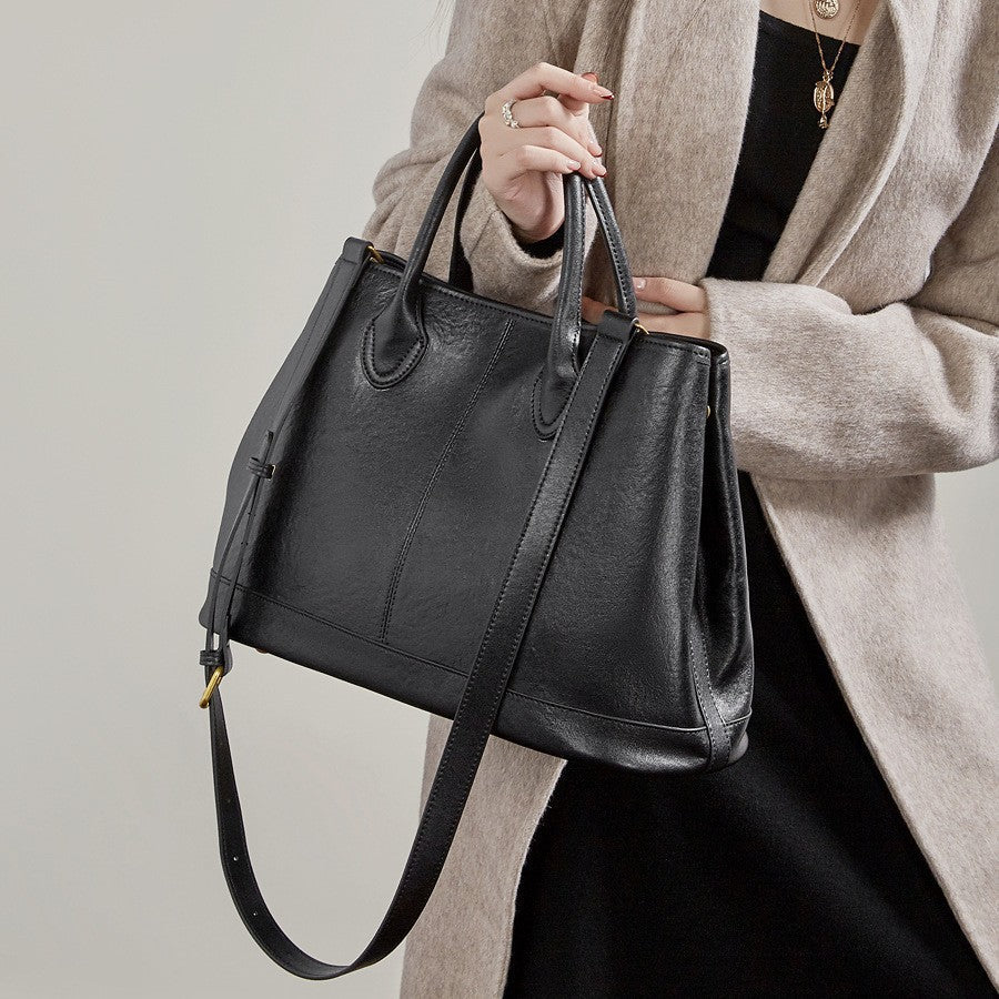 Women's Genuine Leather Tote Crossbody Bag – Top-Grain Cowhide, High-Capacity Everyday Shoulder Bag