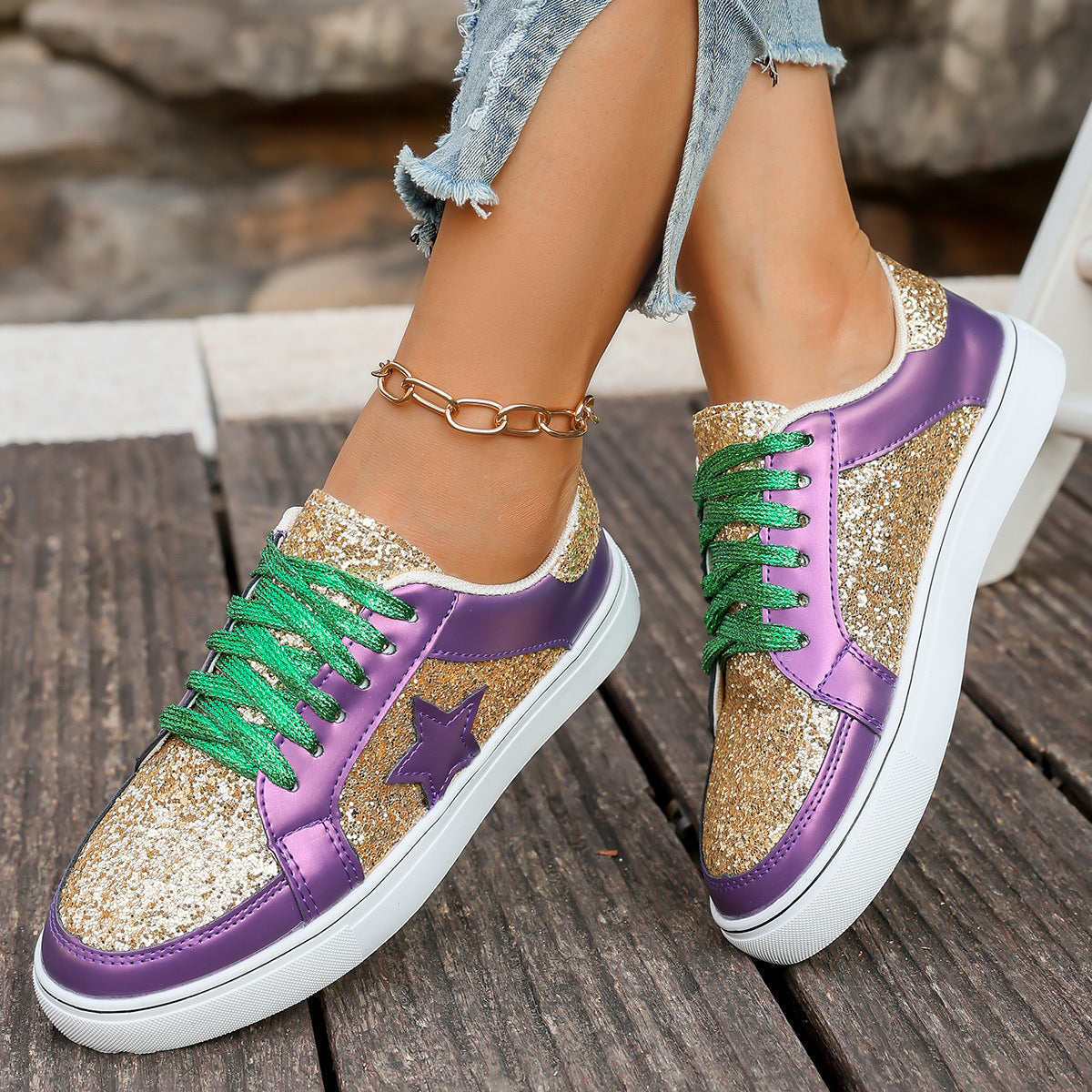 Women's Sequin Lace-Up Sneakers - Purple Gold Chunky Sole Platform Shoes