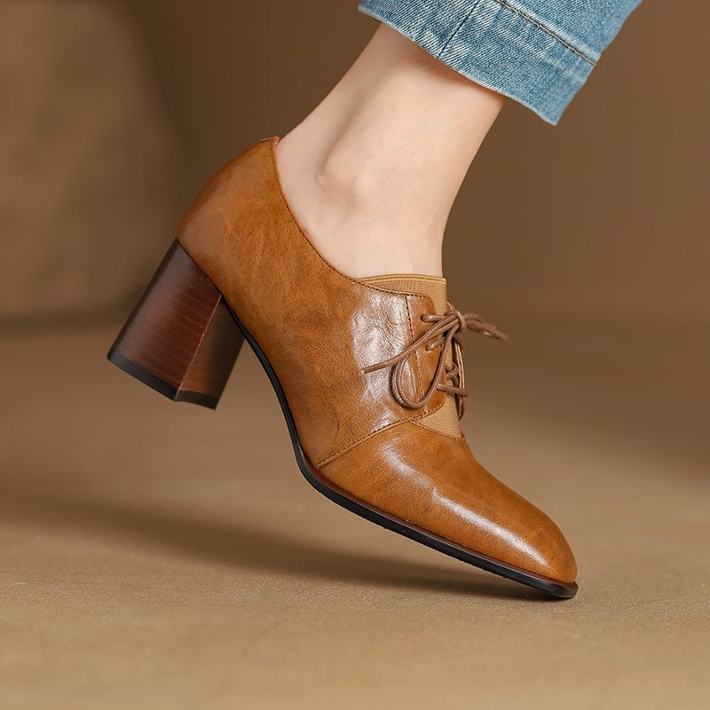 Women's British-Style Square Toe Chunky Heel Pumps | Deep Vamp | Wool Leather Upper