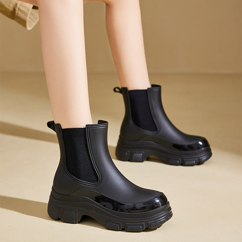 Women's Waterproof Martin Rain Boots | Thick Sole Mid-Calf PVC Boots | Black & Khaki