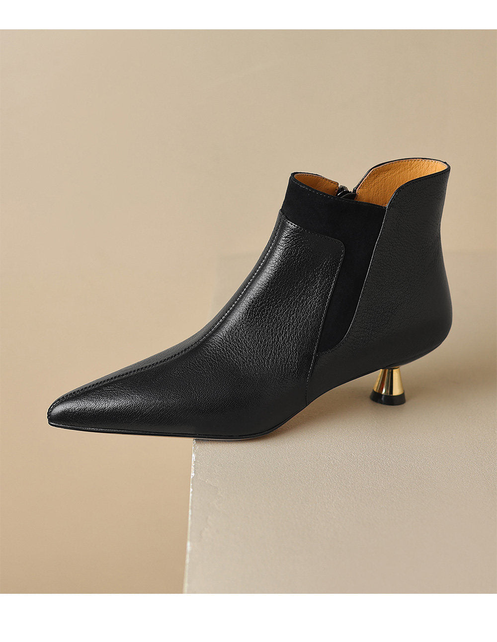 Women's Genuine Leather Pointed-Toe Kitten Heel Ankle Boots | Side Zipper | Black & Brown