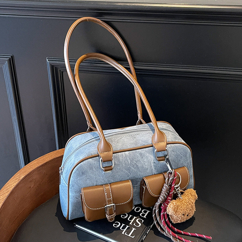 Retro Color-Block Boston Handbag | Chic PU Leather Crossbody Bag for Women | Sarah Express