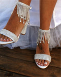 Women's Rhinestone Chunky Heel Sandals | Chain Strap Peep Toe Heels