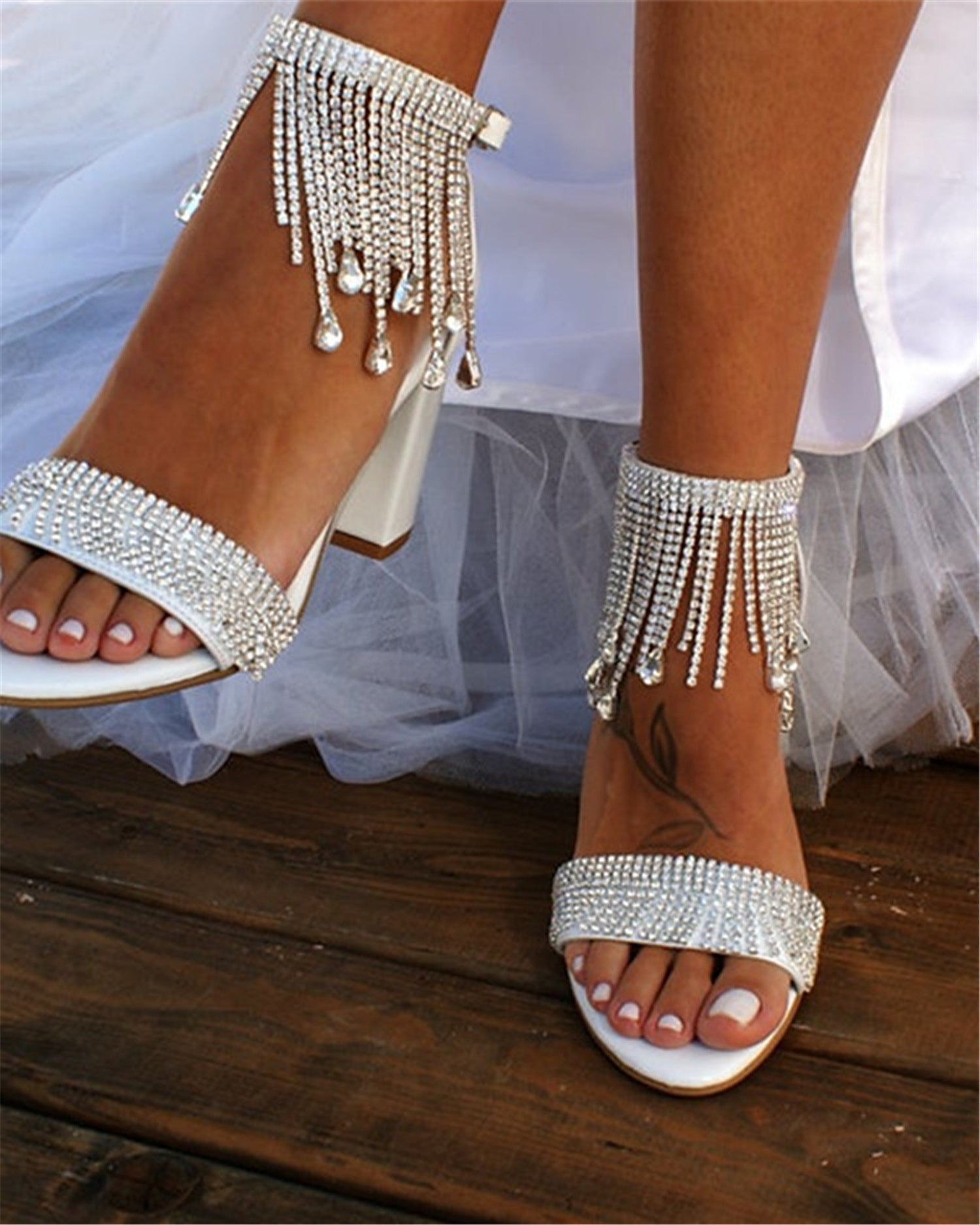 Women's Rhinestone Chunky Heel Sandals | Chain Strap Peep Toe Heels
