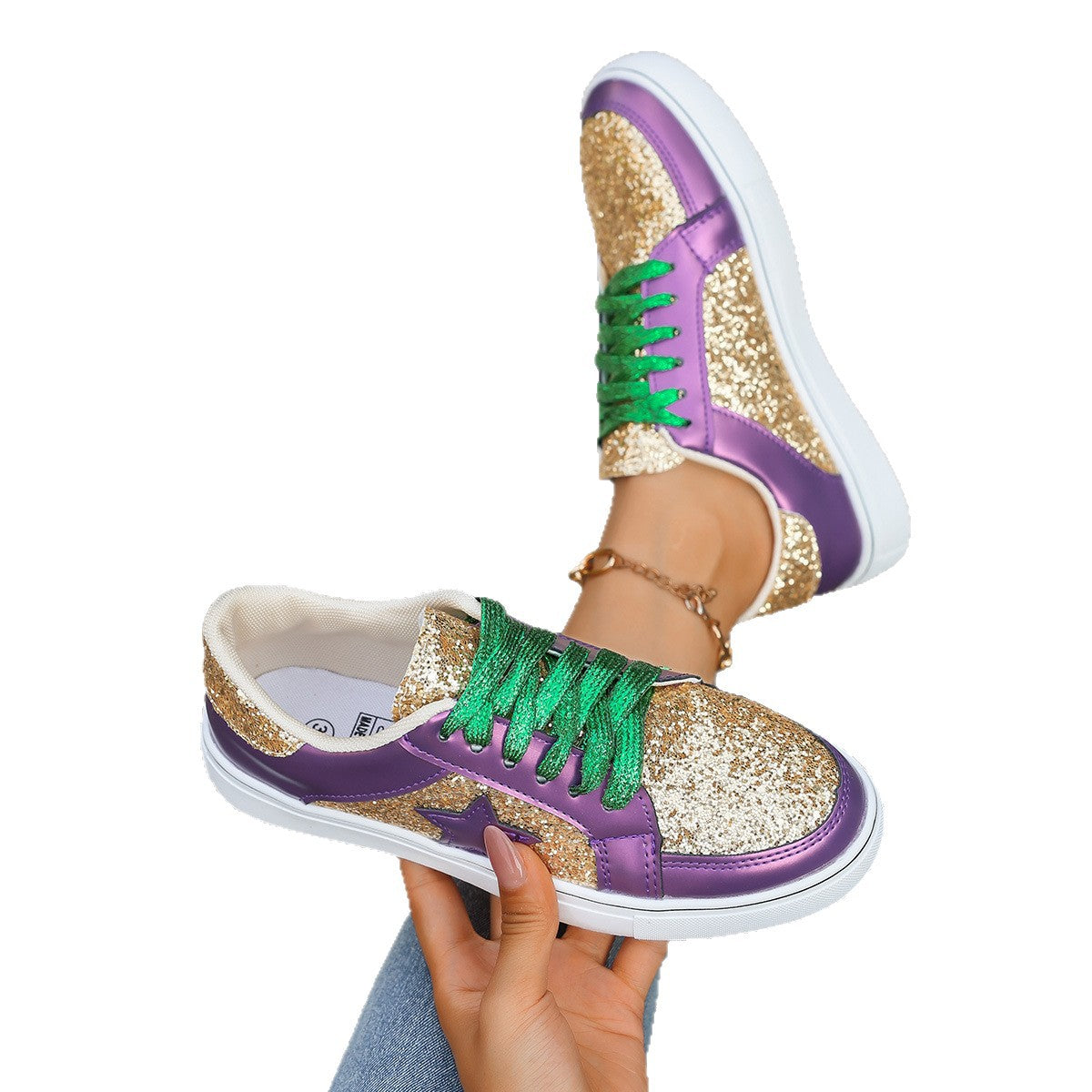 Women's Sequin Lace-Up Sneakers - Purple Gold Chunky Sole Platform Shoes